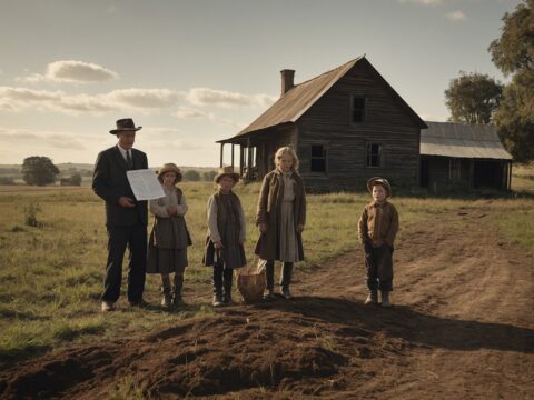 A family and government official stand by a farmhouse as land ownership changes hands.