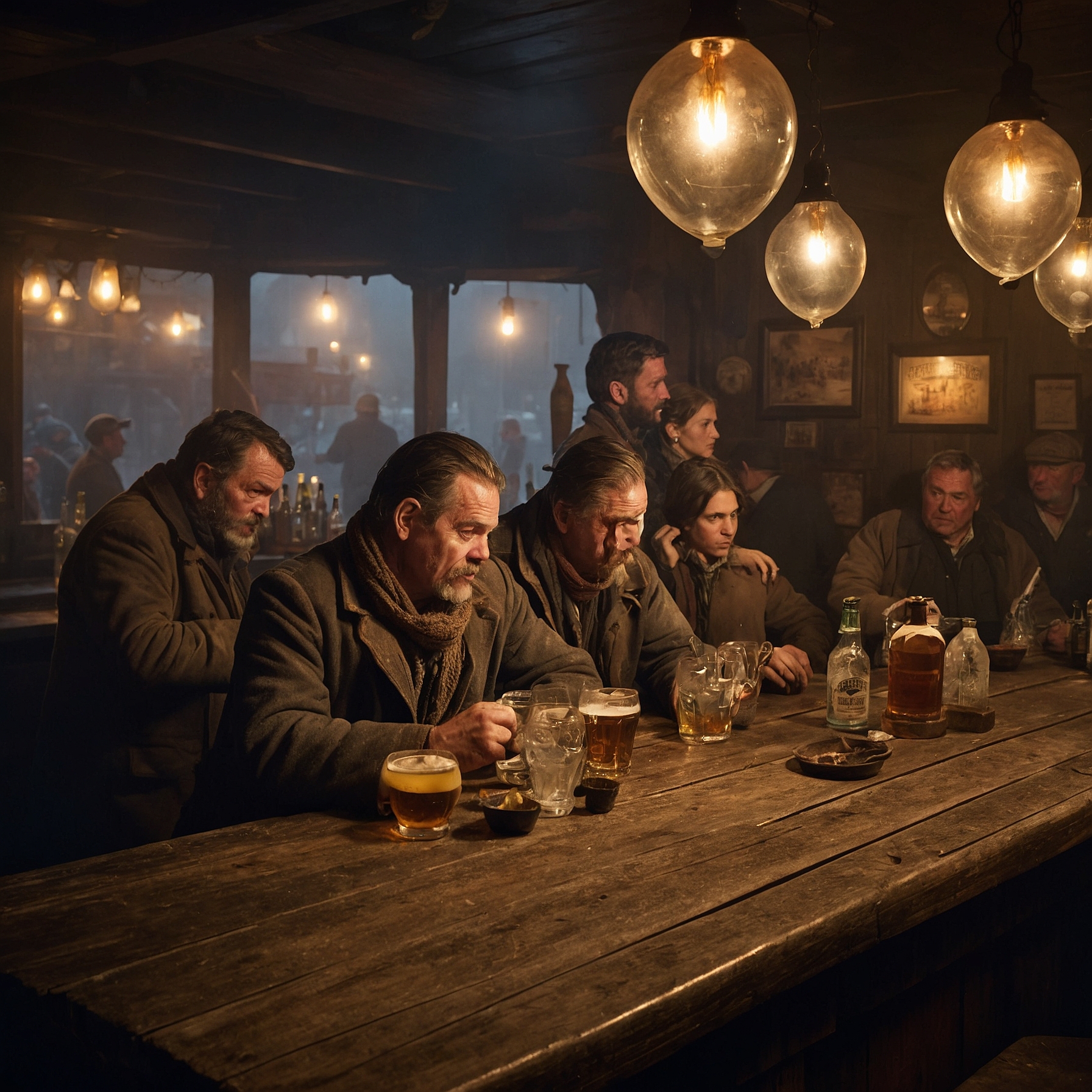 Inside a crowded riverside tavern, patrons talk as barges are visible through the window.