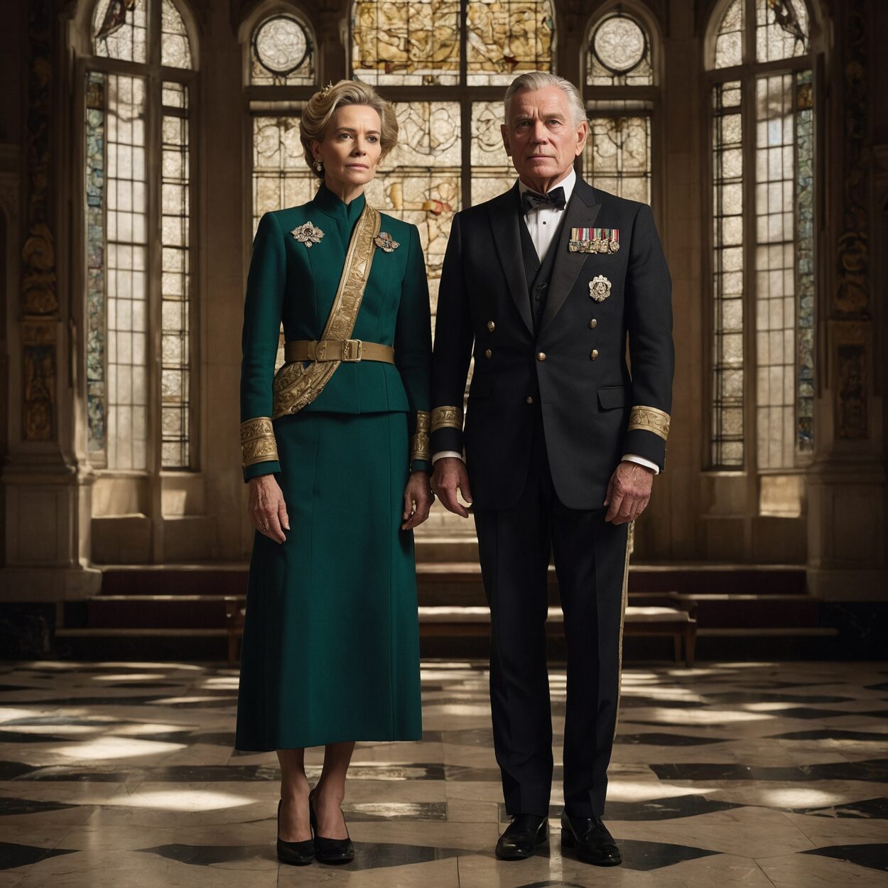 A distinguished man and woman in formal uniforms stand in a sunlit, ornate marble hall.