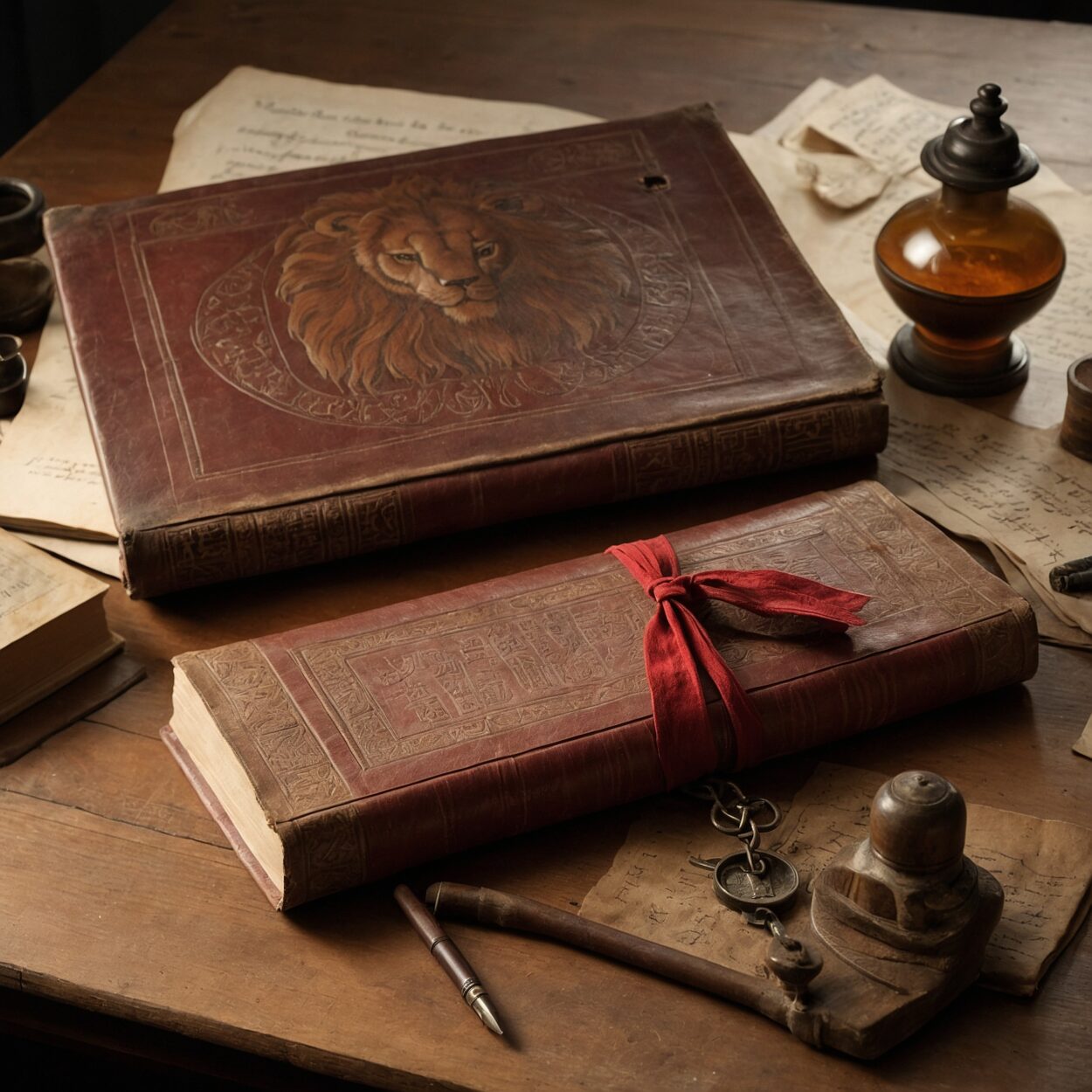 Open leather-bound book with a red lion illustration, surrounded by old writing tools and maps.