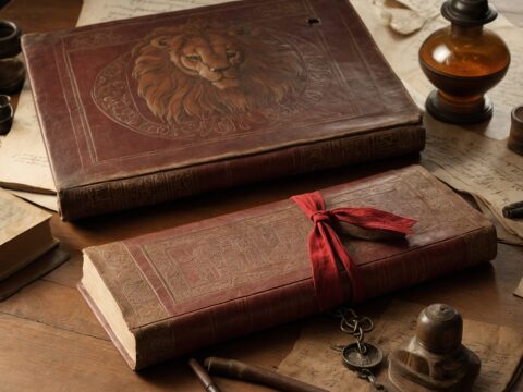 Open leather-bound book with a red lion illustration, surrounded by old writing tools and maps.