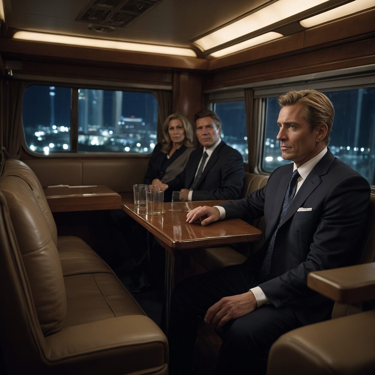 Diplomatic Motorcoach Two dignitaries seated in a high-security motorcoach with a security agent monitoring cameras.