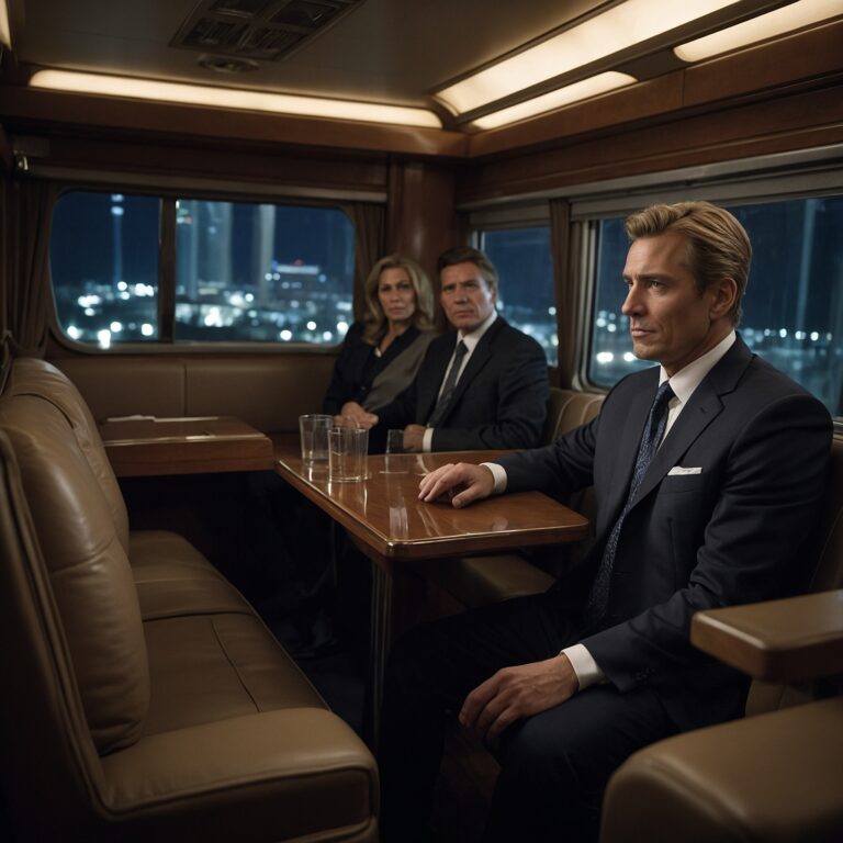 Two dignitaries seated in a high-security motorcoach with a security agent monitoring cameras.