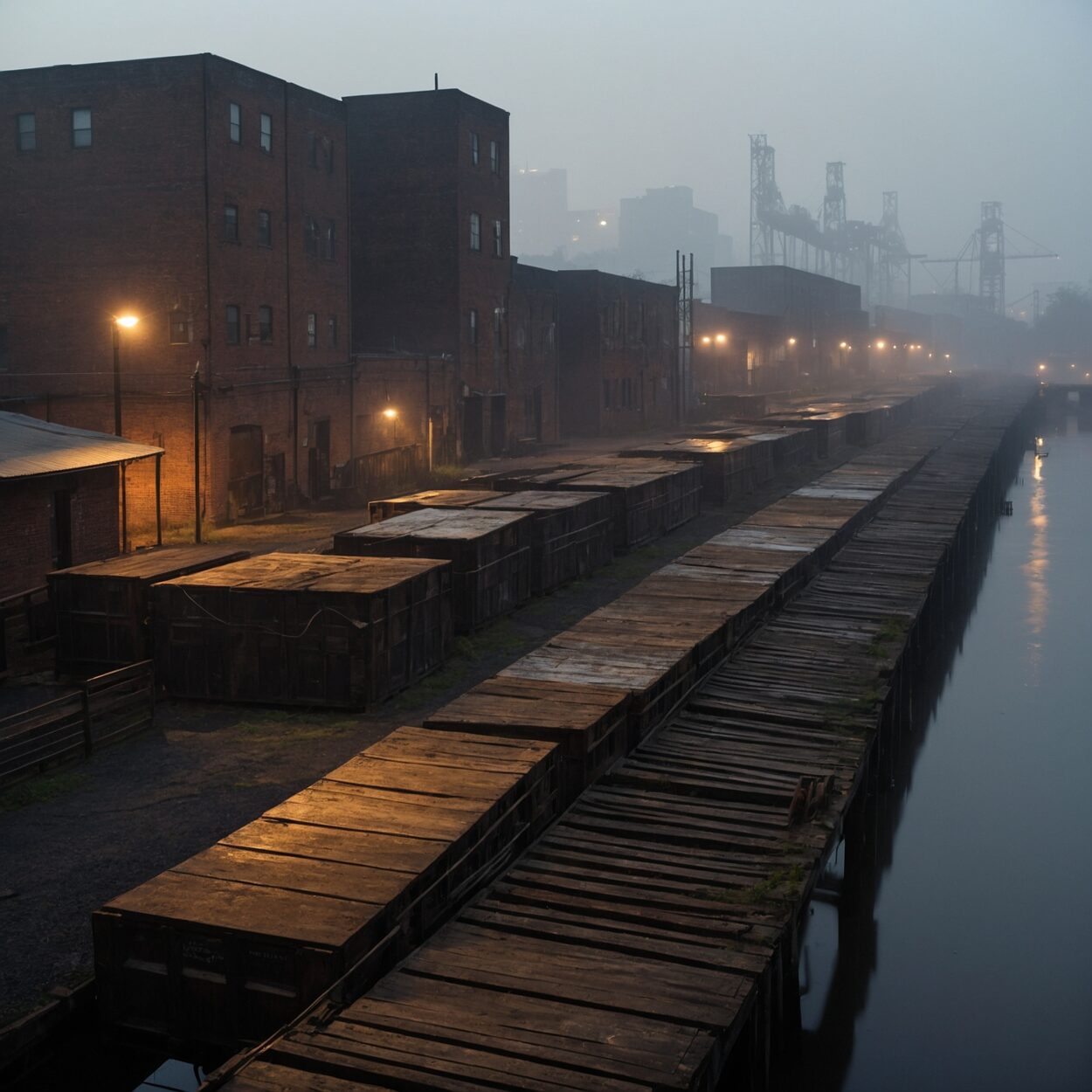 Men and women in work coats gather by brick warehouses and piers on a misty riverbank.