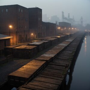Men and women in work coats gather by brick warehouses and piers on a misty riverbank.
