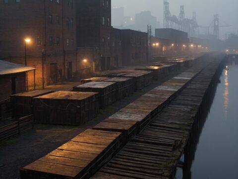 Men and women in work coats gather by brick warehouses and piers on a misty riverbank.