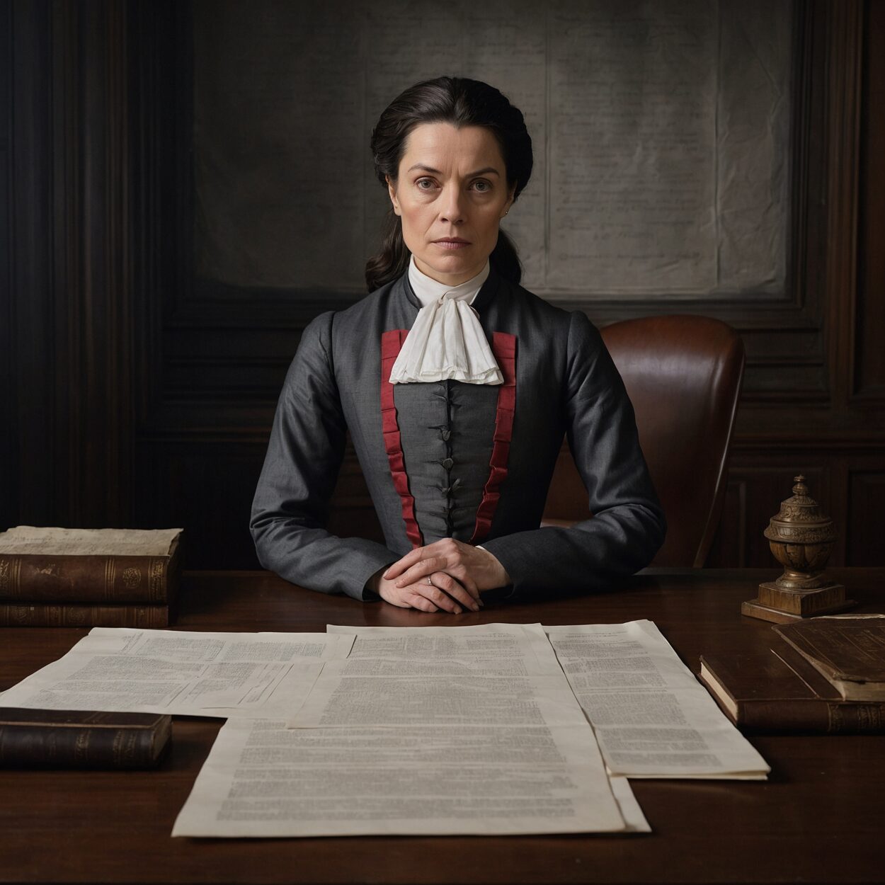 Stern woman in a charcoal uniform with insignia stands at a desk with documents in a somber office.