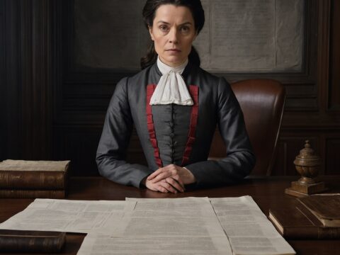 Inquisitor of Dogma Stern woman in a charcoal uniform with insignia stands at a desk with documents in a somber office.