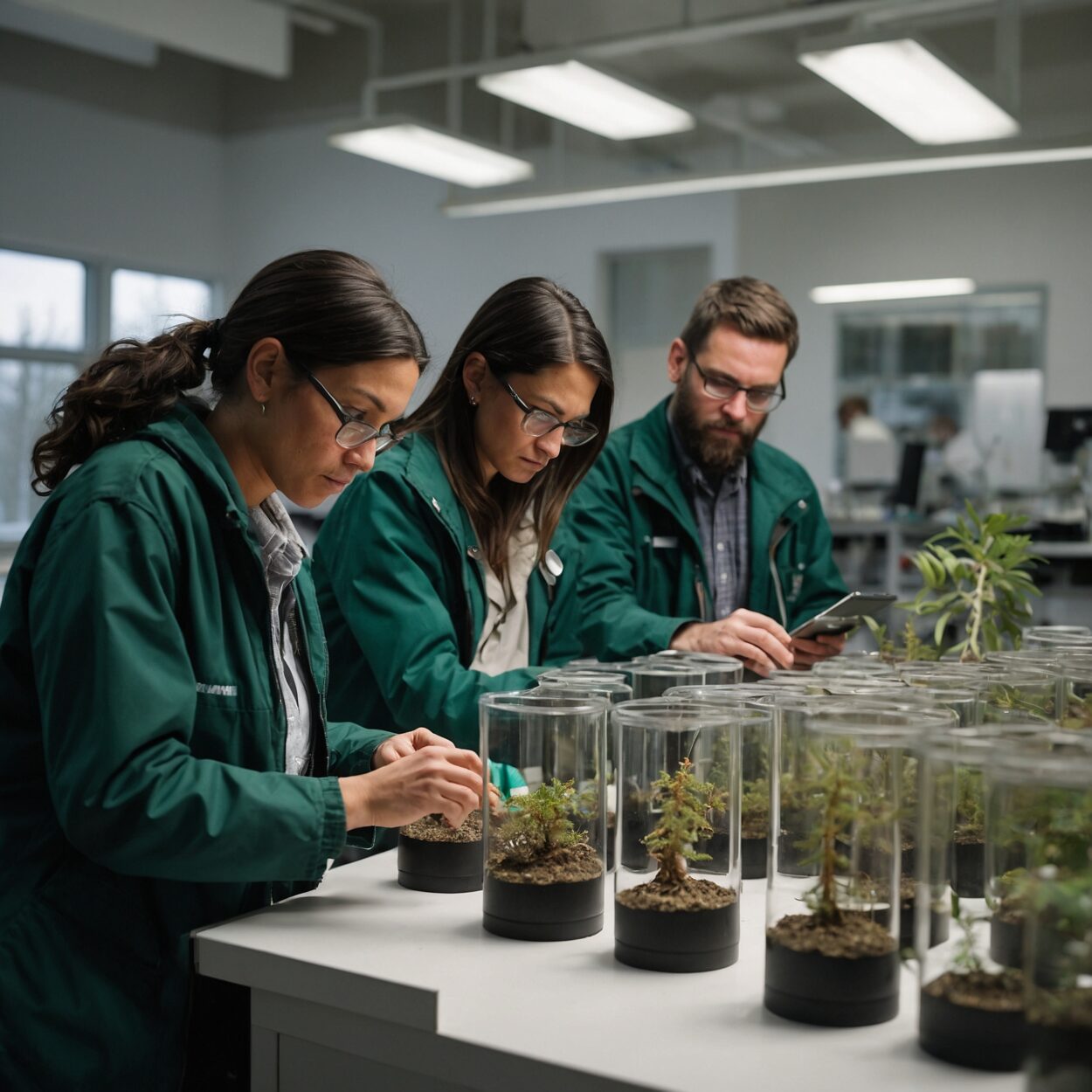 Diverse scientists in green jackets study soil and plant samples in a bright lab.