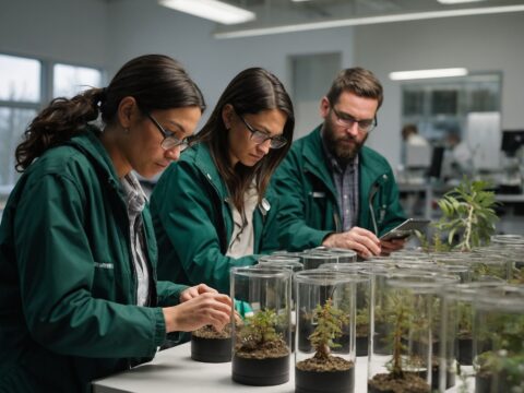 Diverse scientists in green jackets study soil and plant samples in a bright lab.