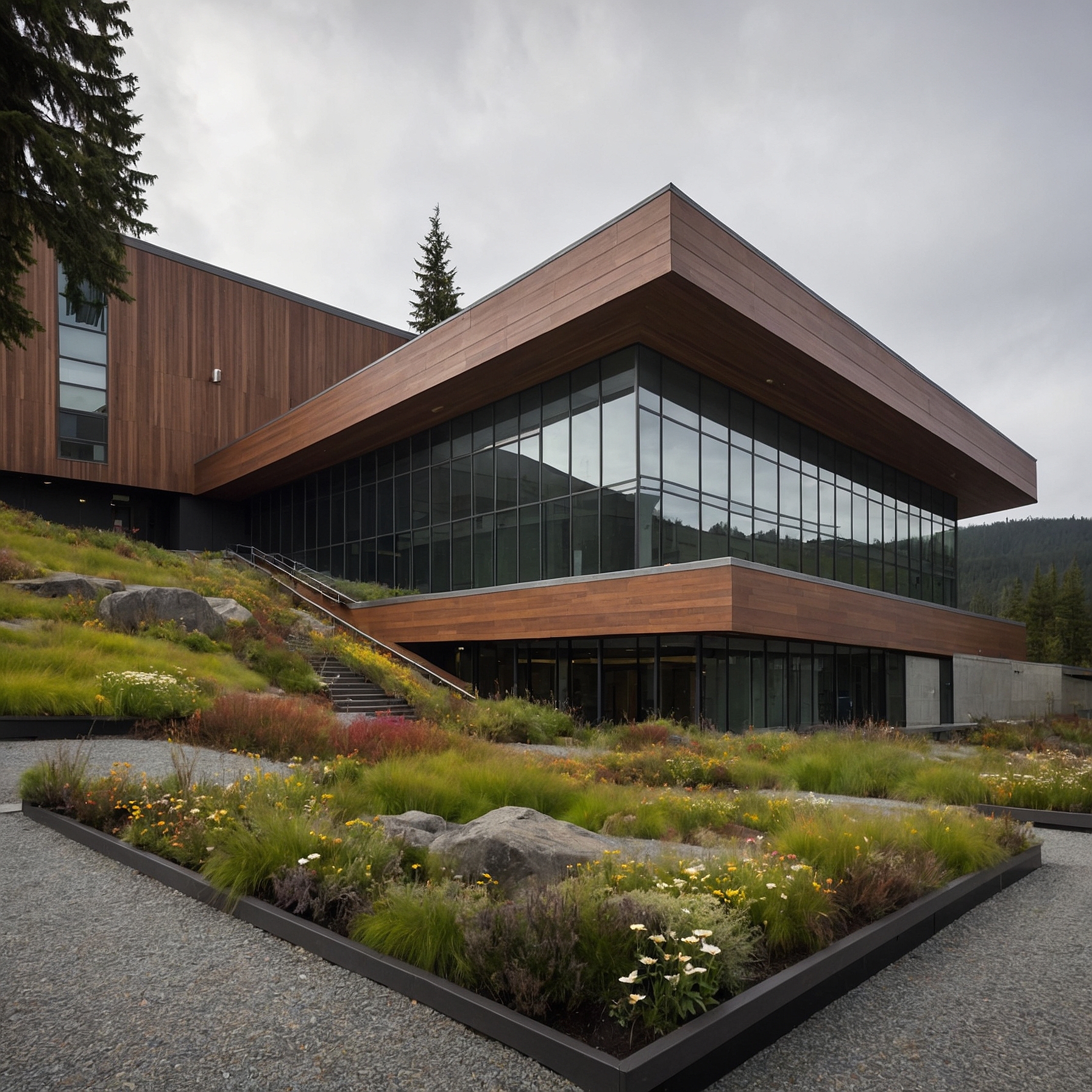 Modern timber and glass building with green roof, academy sign, and staff at entrance.