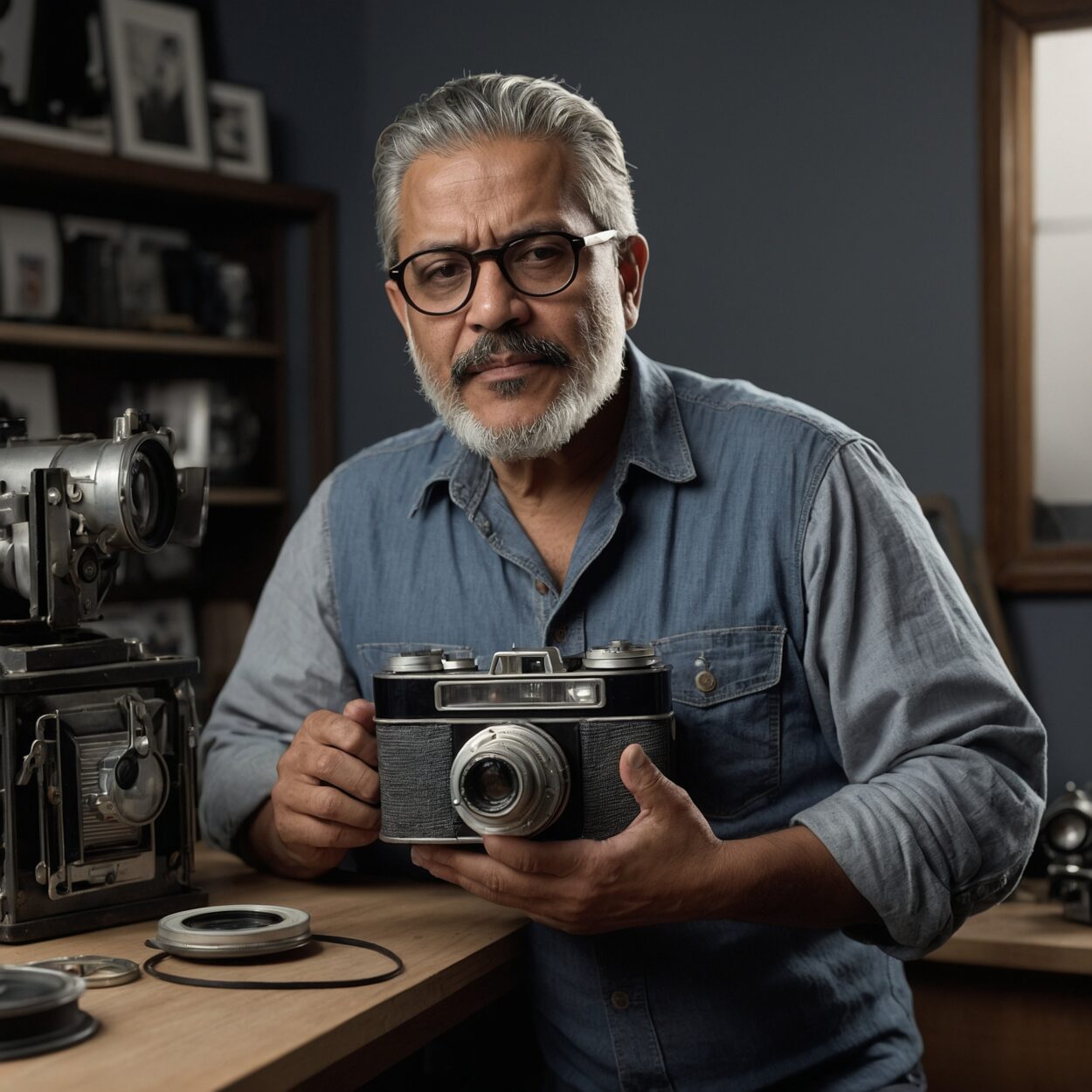 Hector Alvidor stands behind a vintage camera in a sunlit studio with film prints.