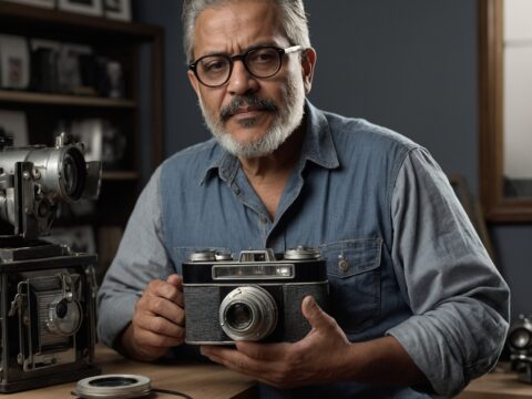 Hector Alvidor stands behind a vintage camera in a sunlit studio with film prints.