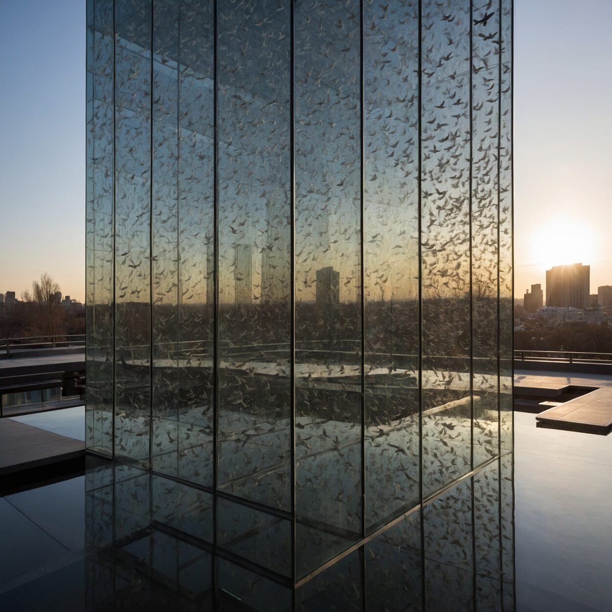 A tall glass building with visible etched patterns and birds flying nearby.