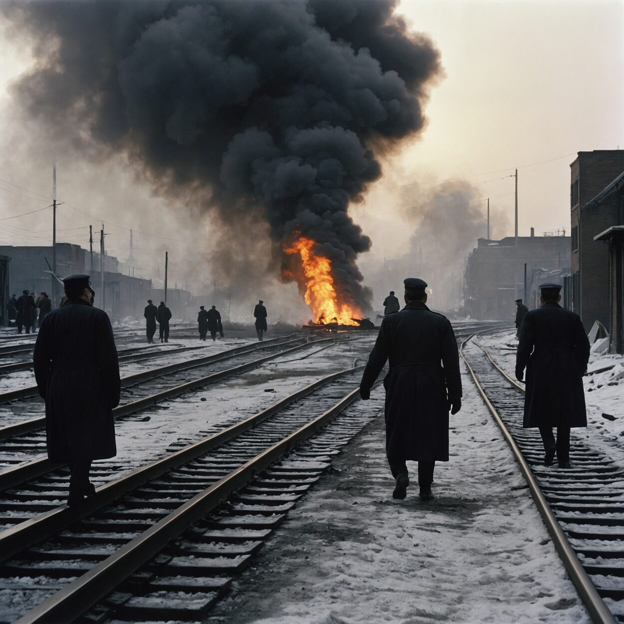 Twisted, scorched railway tracks with guards and bystanders in a smoky, industrial setting.