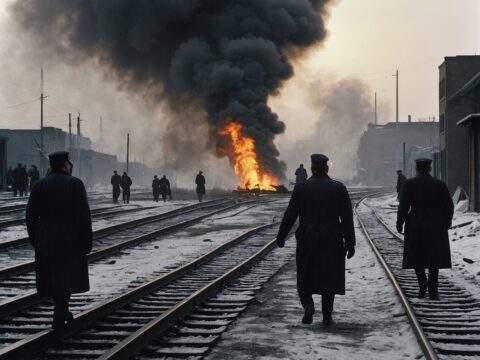 Twisted, scorched railway tracks with guards and bystanders in a smoky, industrial setting.