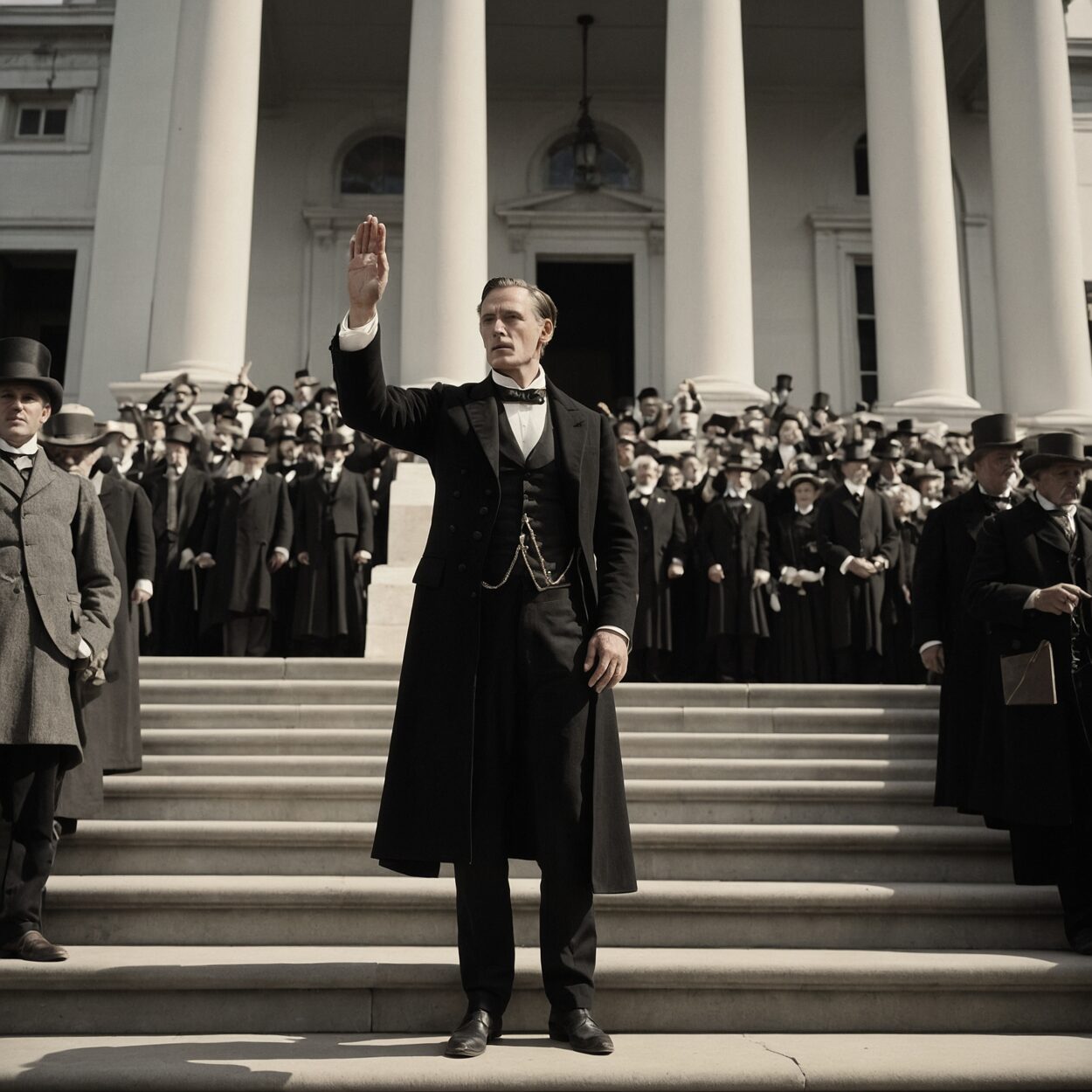 A president takes the oath of office on marble steps before a diverse 1800s crowd.