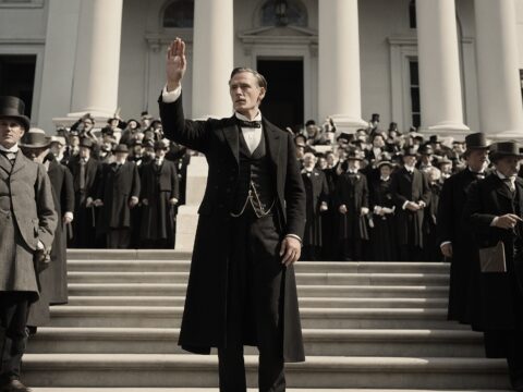 A president takes the oath of office on marble steps before a diverse 1800s crowd.