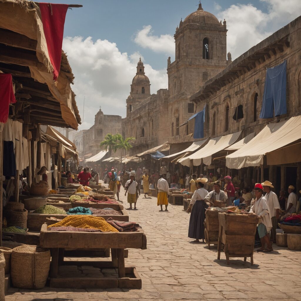 Bustling 18th-century Cartagena marketplace with diverse merchants, colorful stalls, and a fortified harbor.
