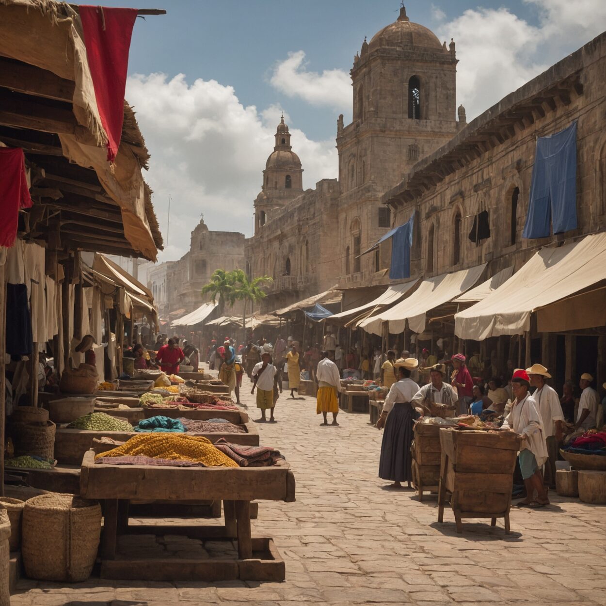 Gran Colombia Bustling 18th-century Cartagena marketplace with diverse merchants, colorful stalls, and a fortified harbor.