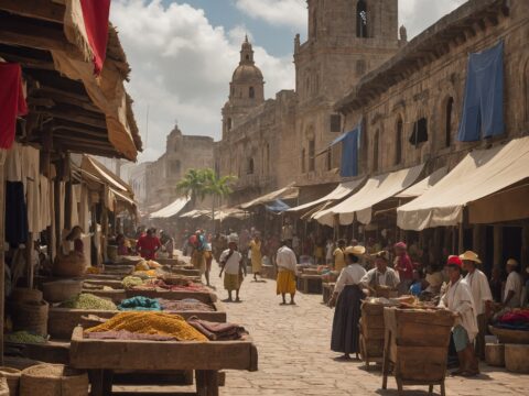 Bustling 18th-century Cartagena marketplace with diverse merchants, colorful stalls, and a fortified harbor.