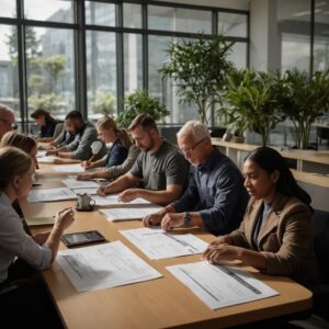 Diverse group of office and service workers examining mandatory savings account statements in a bright bank office.