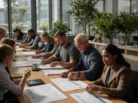 Diverse group of office and service workers examining mandatory savings account statements in a bright bank office.