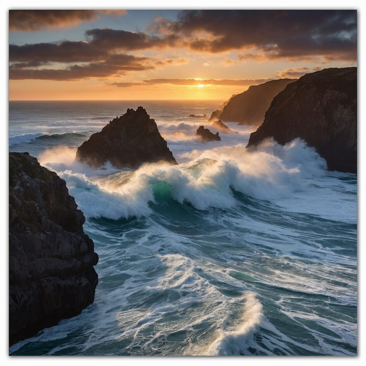 Vast blue ocean at sunrise, volcanic rocks in foreground, seabirds flying overhead.