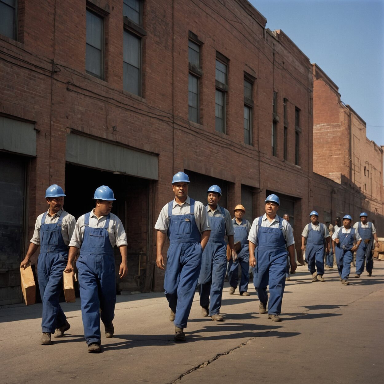 Workers in uniforms leaving a factory at shift change during late afternoon.