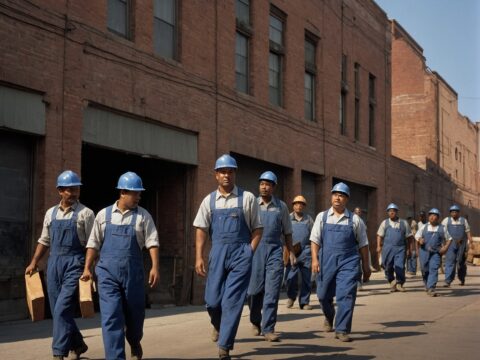 Annual Work Hours Workers in uniforms leaving a factory at shift change during late afternoon.