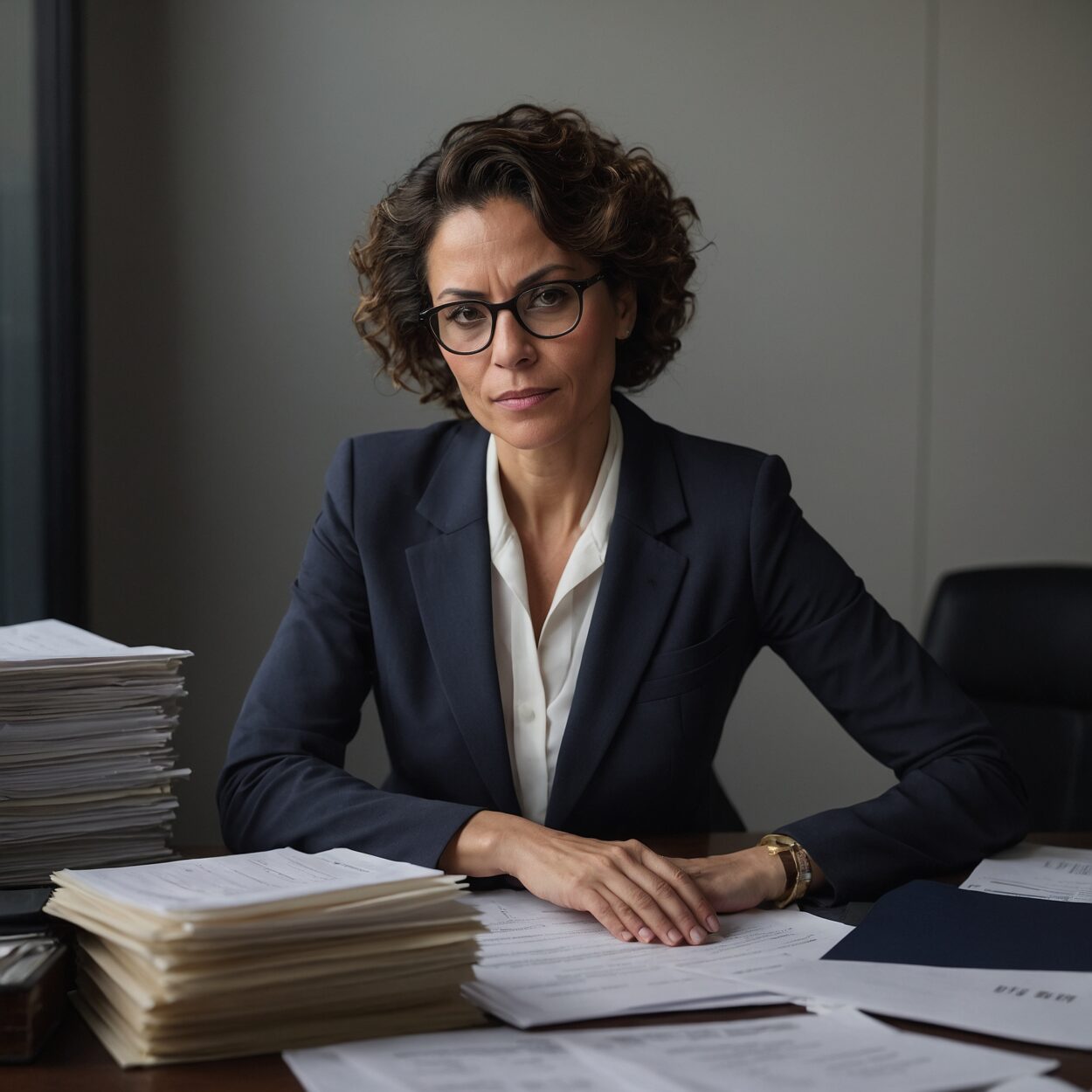 Marika Nia sits at a modern desk with legal documents and a cityscape behind her.