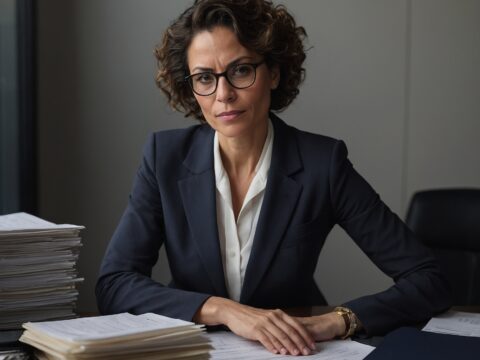 Marika Nia sits at a modern desk with legal documents and a cityscape behind her.