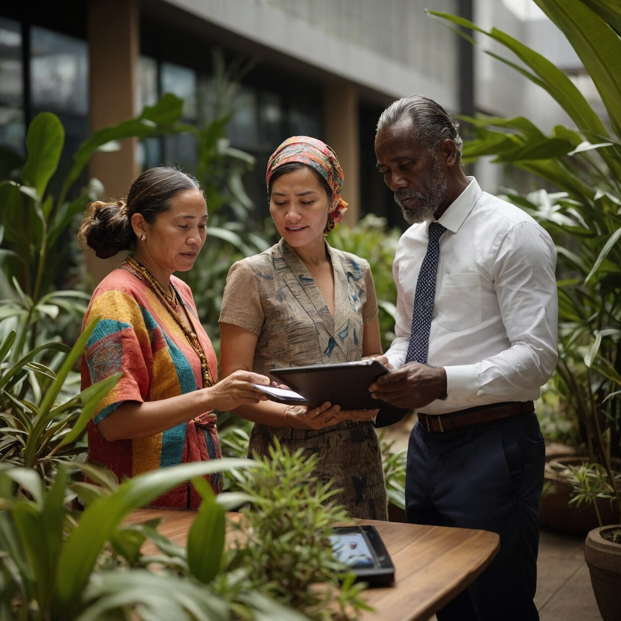 Diverse Privy Council members discuss documents and tablets in a sunlit, art-filled atrium.