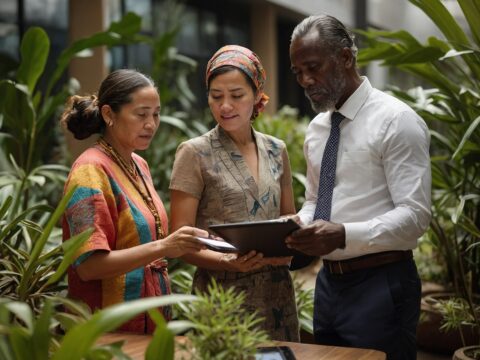 Diverse Privy Council members discuss documents and tablets in a sunlit, art-filled atrium.