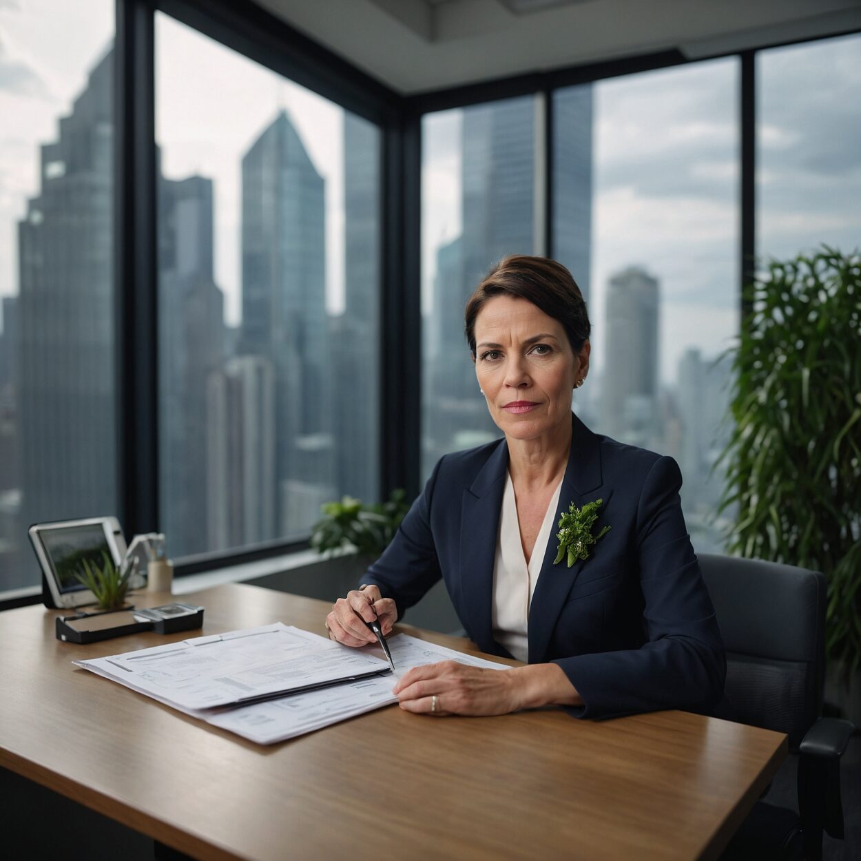 Confident woman executive seated at glass desk with cityscape and green skyscrapers behind her.