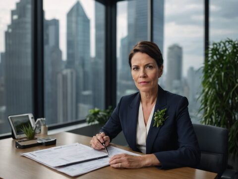 Confident woman executive seated at glass desk with cityscape and green skyscrapers behind her.