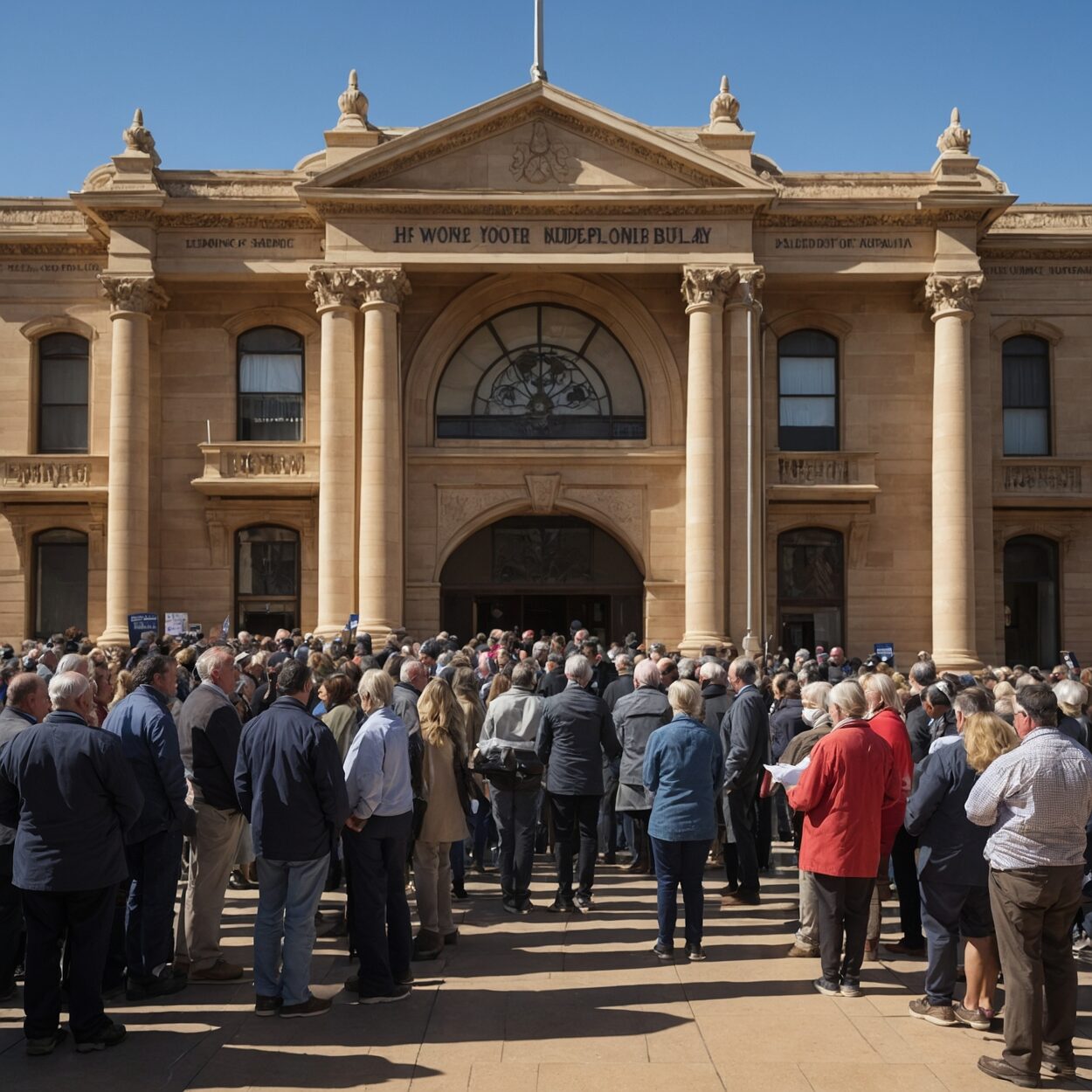 People of diverse backgrounds line up to vote at a sandstone civic building.