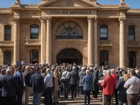 People of diverse backgrounds line up to vote at a sandstone civic building.