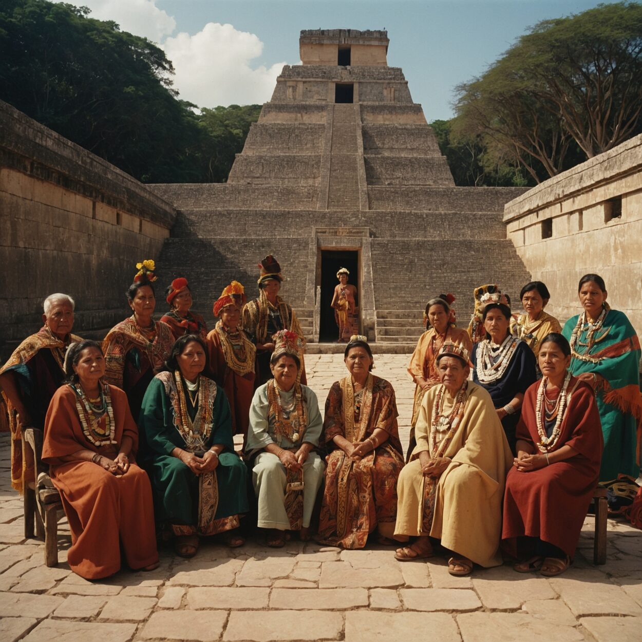 Maya men and women in traditional dress gather around a throne in a stone courtyard.