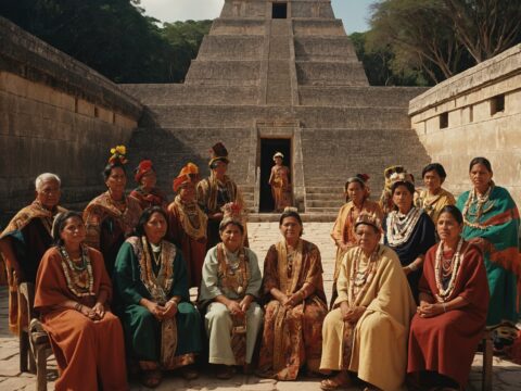 Maya men and women in traditional dress gather around a throne in a stone courtyard.