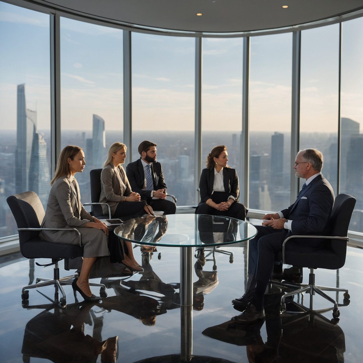 Board members seated around a glass table in a sunlit, modern boardroom overlooking a city skyline.