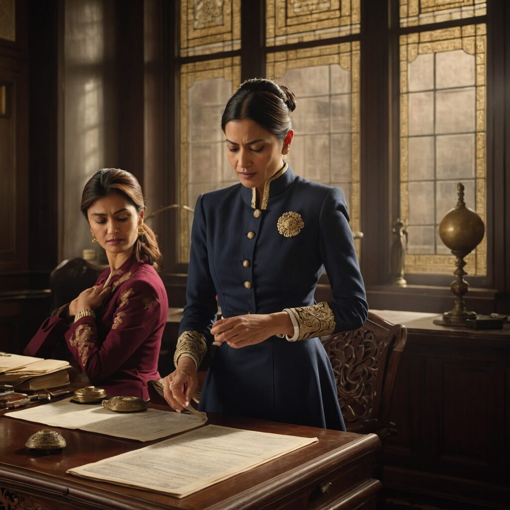 A woman in a navy coat examines a document between two businesspeople at a polished table.