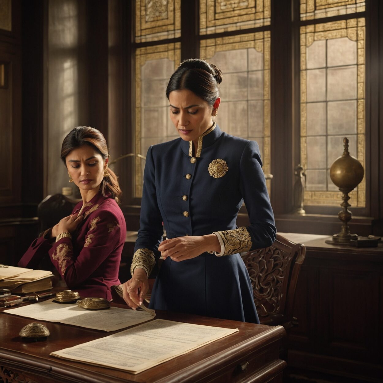 A woman in a navy coat examines a document between two businesspeople at a polished table.