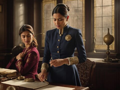 Witness-Public A woman in a navy coat examines a document between two businesspeople at a polished table.