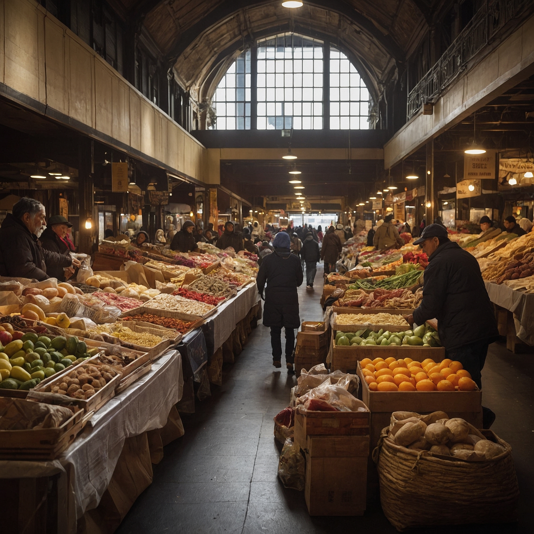 Crowded market hall with diverse shoppers and stalls selling colorful food and goods.