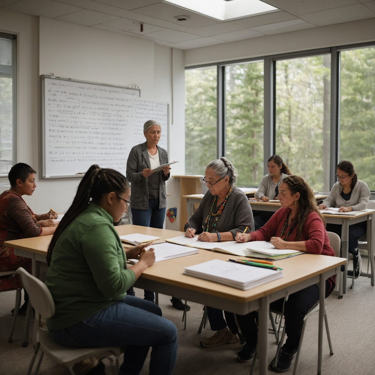 An older woman teaches a diverse group of adults Chinook Wawa in a sunlit classroom.