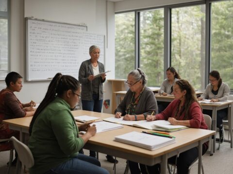 An older woman teaches a diverse group of adults Chinook Wawa in a sunlit classroom.