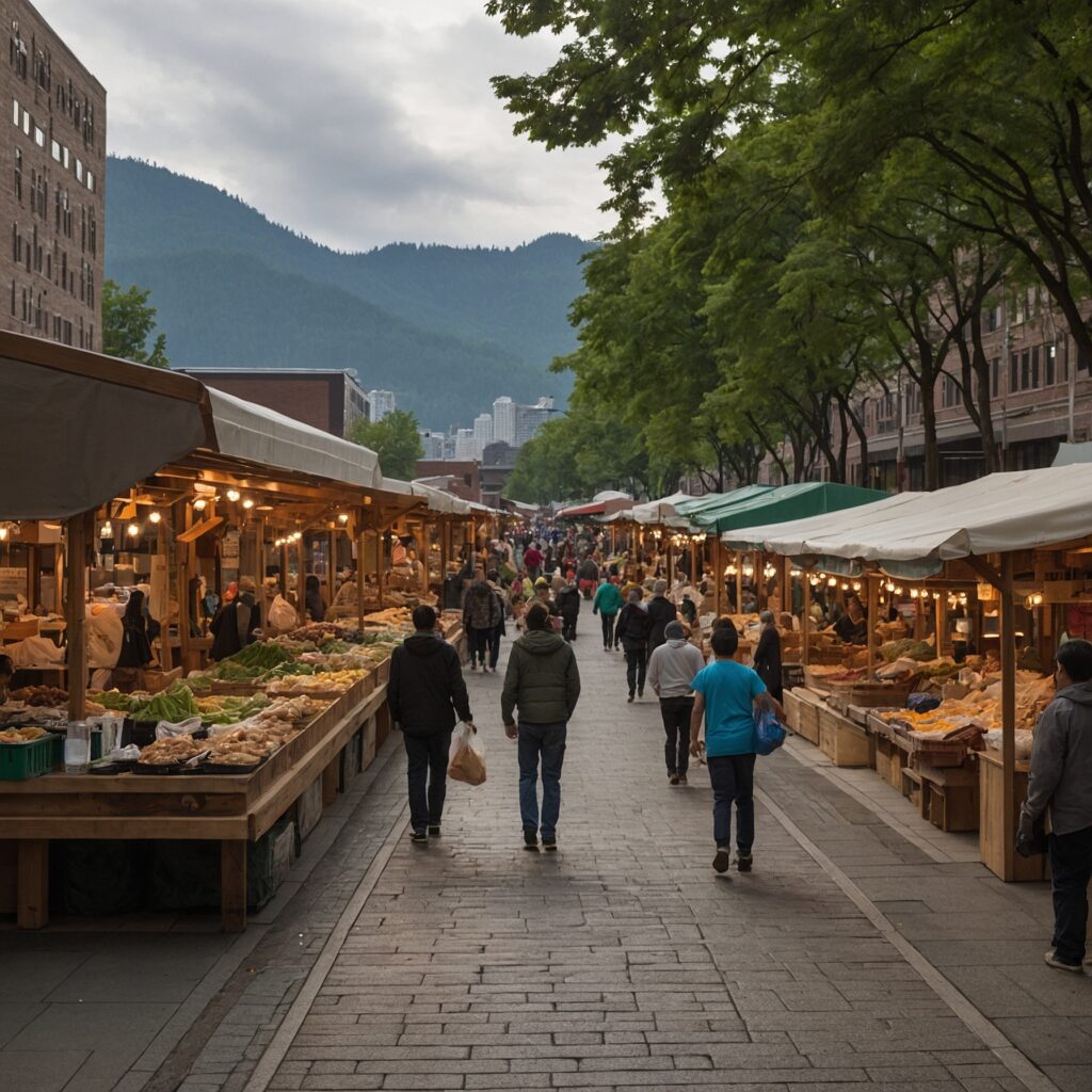 Locals and visitors walk among timber and glass market pavilions and open-air food stalls, with green hills behind.