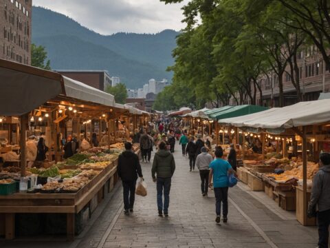 Locals and visitors walk among timber and glass market pavilions and open-air food stalls, with green hills behind.