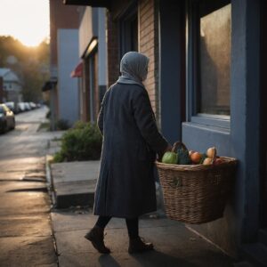 Middle-aged woman in modest clothing leaves groceries anonymously at an apartment door at sunrise.